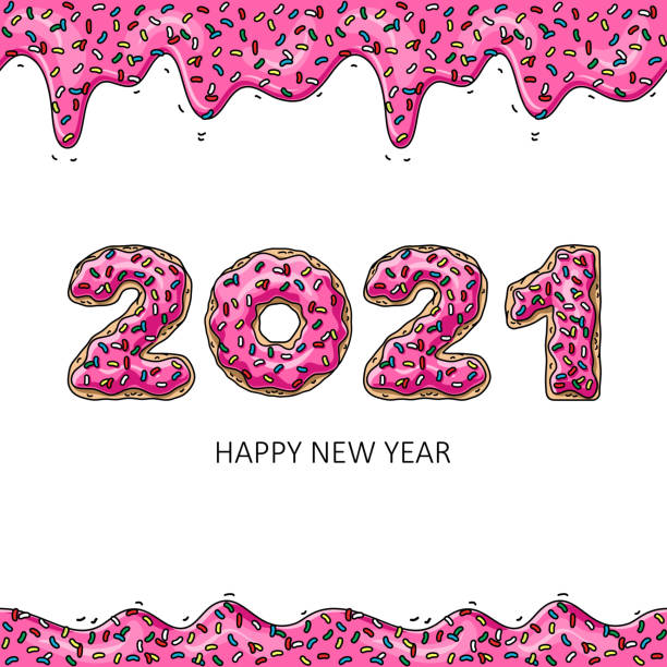 süßes neues jahr 2021 von donuts. donut rosa glasur. - homer simpson stock-grafiken, -clipart, -cartoons und -symbole