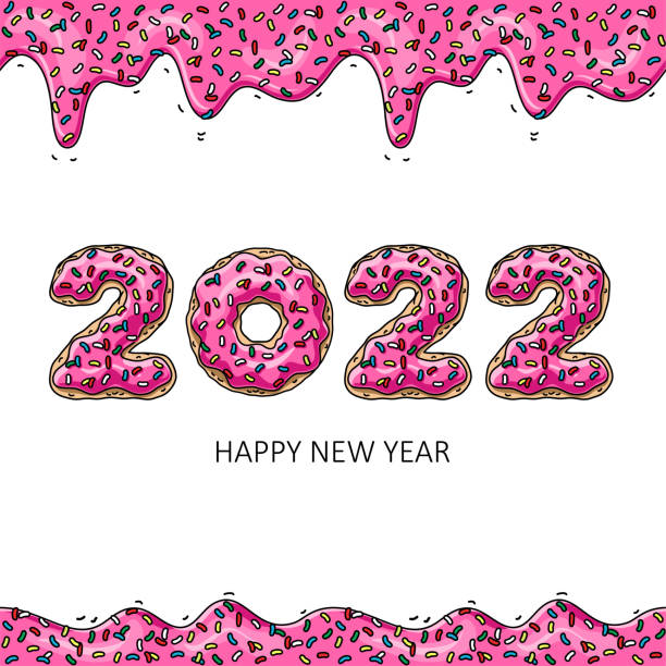 süßes neujahr 2022 von donuts. donuts rosa glasur. - homer simpson stock-grafiken, -clipart, -cartoons und -symbole