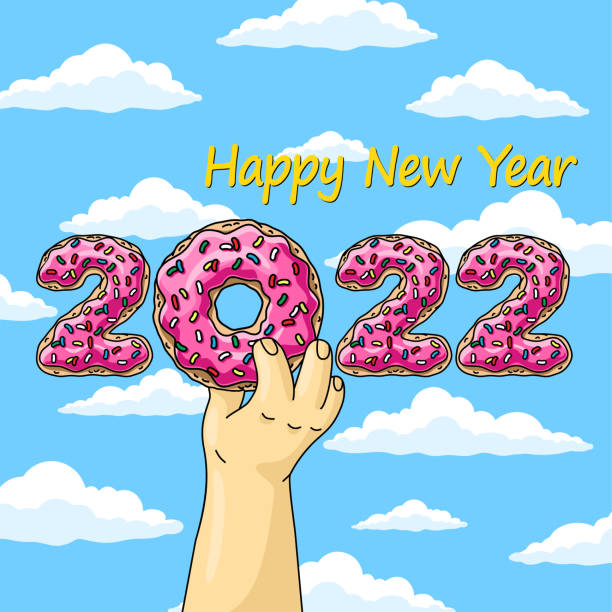 süßes neujahr 2022 aus donuts, mann hält cartoon-donut mit rosa glasur gegen blaue himmelswunschwolken. - homer simpson stock-grafiken, -clipart, -cartoons und -symbole