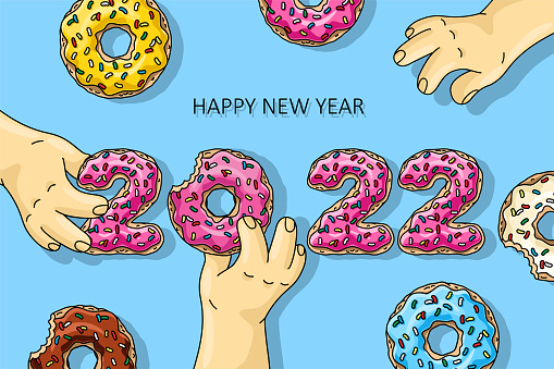 Sweet New Year 2022 from donuts, men holding cartoon donuts with pink, lemon, blue mint glaze, chocolate donut on blue background. Inscription Happy New Year. Greeting card