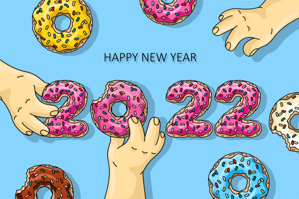 süßes neujahr 2022 von donuts, männer mit cartoon-donuts mit rosa, zitrone, blauer minzglasur, schokoladen-donut auf blauem hintergrund. inschrift frohes neues jahr. glückwunschkarte - homer simpson stock-grafiken, -clipart, -cartoons und -symbole