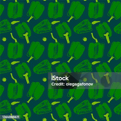 istock Sweet pepper pattern seamless in vector. Hand-drawn illustrations of green Bulgarian peppers. 1364888611