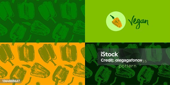 istock Sweet pepper pattern seamless in vector. Hand-drawn illustrations of green Bulgarian peppers. 1364888627