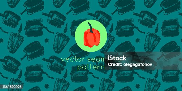 istock Sweet pepper pattern seamless in vector. Hand-drawn illustrations of green Bulgarian peppers. 1364890026