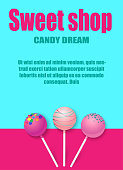 Sweet shop, candy dream. Blue and pink background with cute glazed lollipops. Card, poster, booklet or advertising template. Vector paper illustration.
