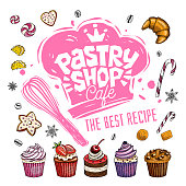 Pastry shop cafe logo design label, emblem. Lettering, sweets, pastry, croissant, candy, cookie colorful, splash, coffee beans doodle yummy. Hand drawn vector illustration