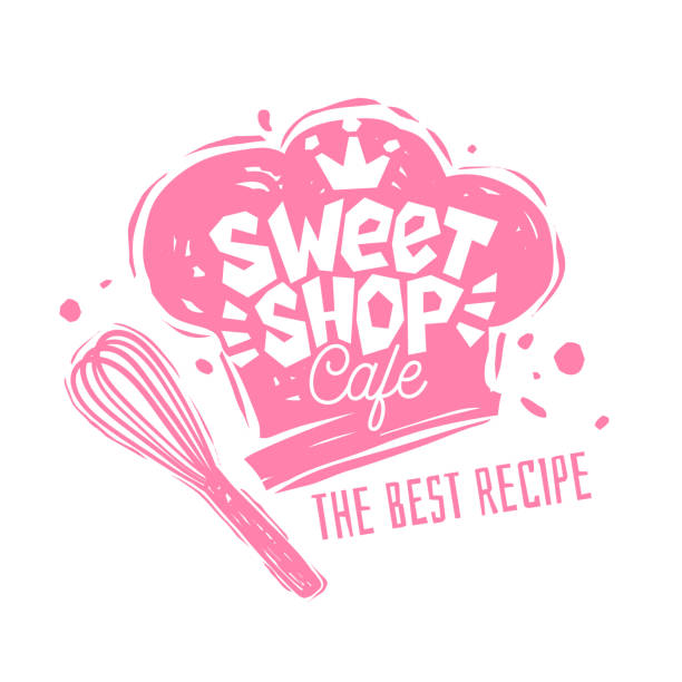 Sweet shop cafe logo label emblem design. Sweet shop cafe logo label emblem design. The best recipe, chef hat, pink, crown. Hand drawn vector illustration. candy store stock illustrations