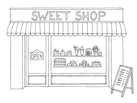 Sweet shop exterior confectionery store graphic black white sketch illustration vector