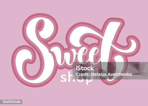 istock Sweet shop logo with lettering text isolated on the pink background. 1340923484