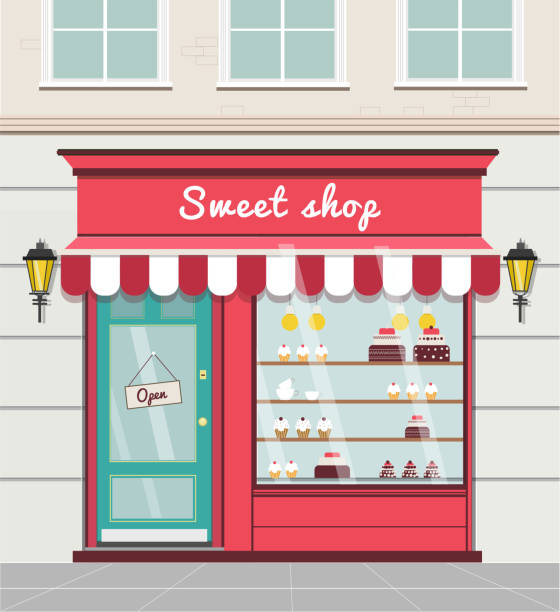 Sweet shop Sweet shop in a flat style. Classic facade of London, Paris and other European cities. candy store stock illustrations
