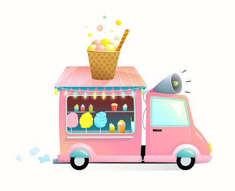 Sweet street food vending truck with cotton candy, ice cream, and desserts. Street fair or carnival vendor from the car, selling sweets for children. Cute cartoon illustration.
