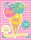 Retro summer party invitation with ice cream cone and scoops. Features soft background, pink checkered tablecloth and ribbon. Sample text design and 'Fun in the Sun' script. Easy to edit with color scheme and layout elements on a separate layer. Summer fun, party for children's events. Company picnic celebration or private family gathering for your summer event.
