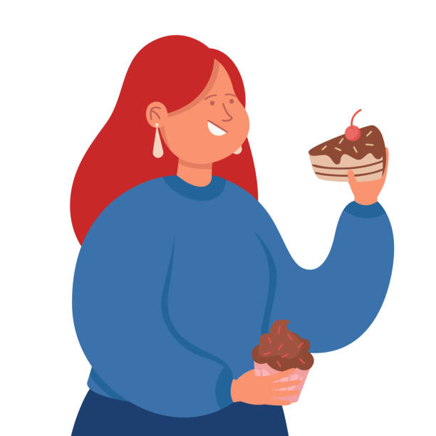 stockillustraties, clipart, cartoons en iconen met sweet tooth lady eating chocolate cake and cupcake - woman eating