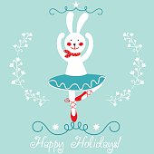 Sweet vector card "Happy Holidays!" with little cute bunny ballerina