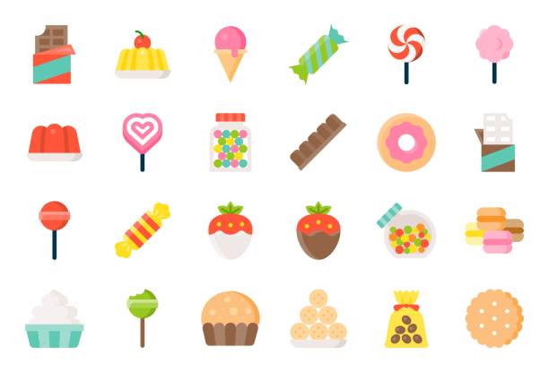 Sweets and candy icon set 1/2 flat design Sweets and candy icon set 1/2 flat design candy jar stock illustrations