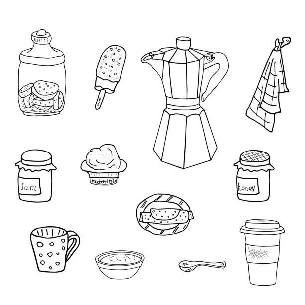 Sweets and coffee kitchen utility collection. Coffee maker, pancake, honey, jam jar, cake, cup, mug, teaspoon, cookies, brownie, towel doodle sketch drawing Sweets and coffee kitchen utility collection. Coffee maker, pancake, honey, jam jar, cake, cup, mug, teaspoon, cookies, brownie, towel doodle sketch drawing cupcakes coloring pages stock illustrations