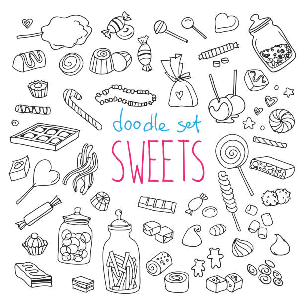 Sweets doodle set. Candies, chocolate, caramel, desserts, snacks for kids party menu. Vector hand drawn illustration isolated on white background candy drawings stock illustrations