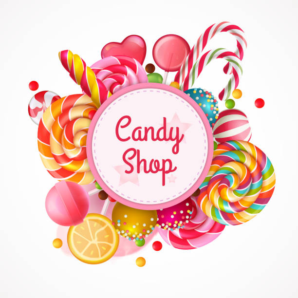 sweets lollipops candies realistic background Candy shop round frame background with realistic fruit lollipops with sprinkles, spiral colorful sweets vector illustration candy borders stock illustrations