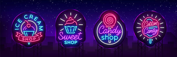 Sweets Shop is collection logos of neon style. Ice cream shop, Cotton...