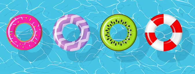 Swim rings set for summer party. Inflatable rubber toy colorful collection. Top view swimming circle for ocean, sea, pool. Lifebyou swimming rings. Summer vacation or trip safety. Kiwi