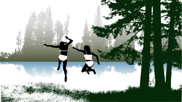 Swimming In The Lake Camping Young Women jumping off the banks into a sandy river river clipart stock illustrations