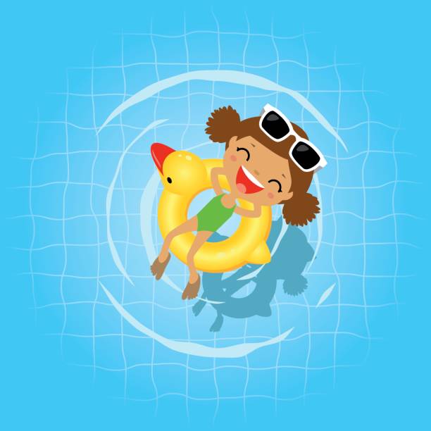 Swimming in the swimming pool Little girl having fun in the swimming pool. cartoon sun with sunglasses stock illustrations