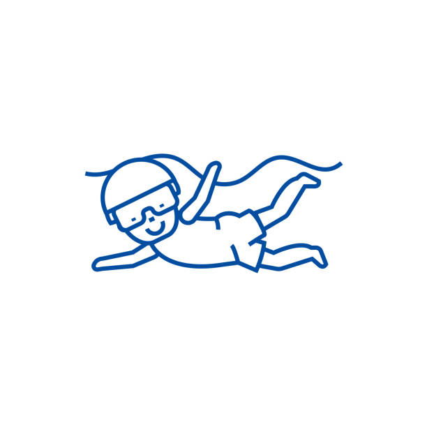 stockillustraties, clipart, cartoons en iconen met zwemmen kid line icon concept. zwemmen kid platte vector symbool, teken, outline illustratie. - swimming baby
