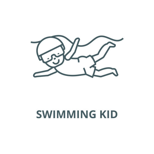 stockillustraties, clipart, cartoons en iconen met zwemmen kid vector lijn icoon, lineair concept, schets teken, symbool - swimming baby