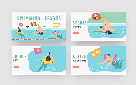 Swimming Lessons Landing Page Template Set. Coach Teaching Kids Characters in Pool. Girl and Boys with Training Tools