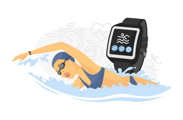 stockillustraties, clipart, cartoons en iconen met zwemmen - moderne kleurrijke vector cartoon karakter illustratie - woman horloge