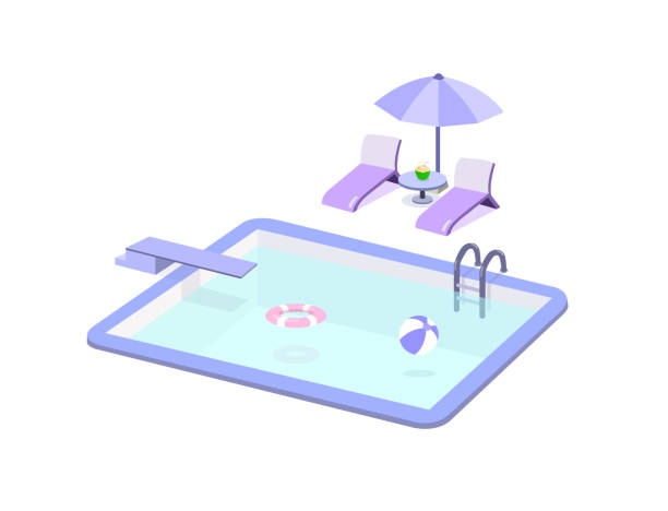 illustrazioni stock, clip art, cartoni animati e icone di tendenza di piscina e sedia da piscina isolate su sfondo bianco. - trampolino