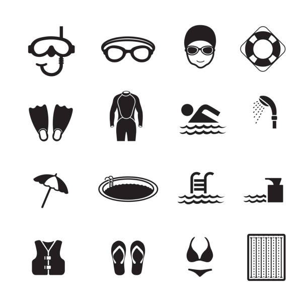 Swimming pool icons Swimming pool icons, Set of 16 editable filled, Simple clearly defined shapes in one color, Vector swimming goggles stock illustrations