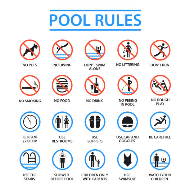 Swimming pool rules Swimming pool rules. Public and private pools rules to ensure health, safety and to provide enjoyable recreation. Vector flat style cartoon illustration isolated on white background rules stock illustrations