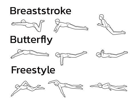 Swimming Type Poses Animation Motion Sequence Cartoon Vector Black and White
