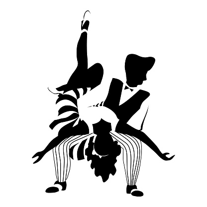 Swing dance couple silhouette in black and white colors