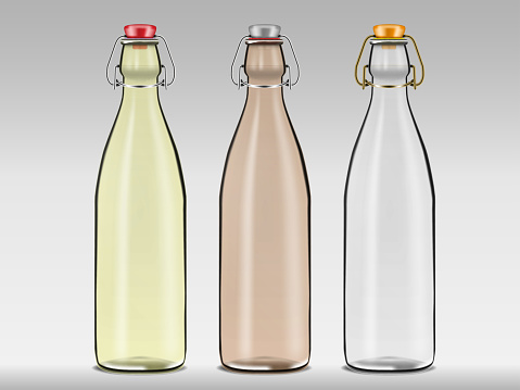 Swing top empty clear glass bottles, realistic vector illustration. Transparent swingtop bottle with stopper, mock-up. Color set. Easy to recolor