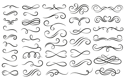 Swirl ornament stroke. Ornamental curls, swirls divider and filigree ornaments. Medieval motifs swirls, decorative flourish elegant diploma or wedding curl. Vector illustration isolated symbols set