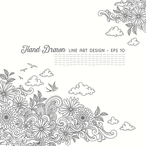 Swirly Floral Line Art Doodles Hand drawn doodle design with flowers,swirls,clouds and birds.EPS 10 file with transparencies.File is layered and global colors used.Hi res jpeg without text included.More works like this linked below. flower coloring pages stock illustrations