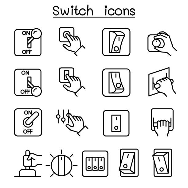 ilustraciones, imágenes clip art, dibujos animados e iconos de stock de cambiar conjunto de iconos de estilo de línea fina - interruptor