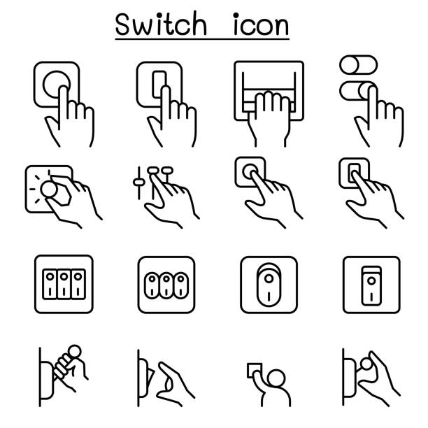 ilustraciones, imágenes clip art, dibujos animados e iconos de stock de cambiar conjunto de iconos de estilo de línea fina - interruptor