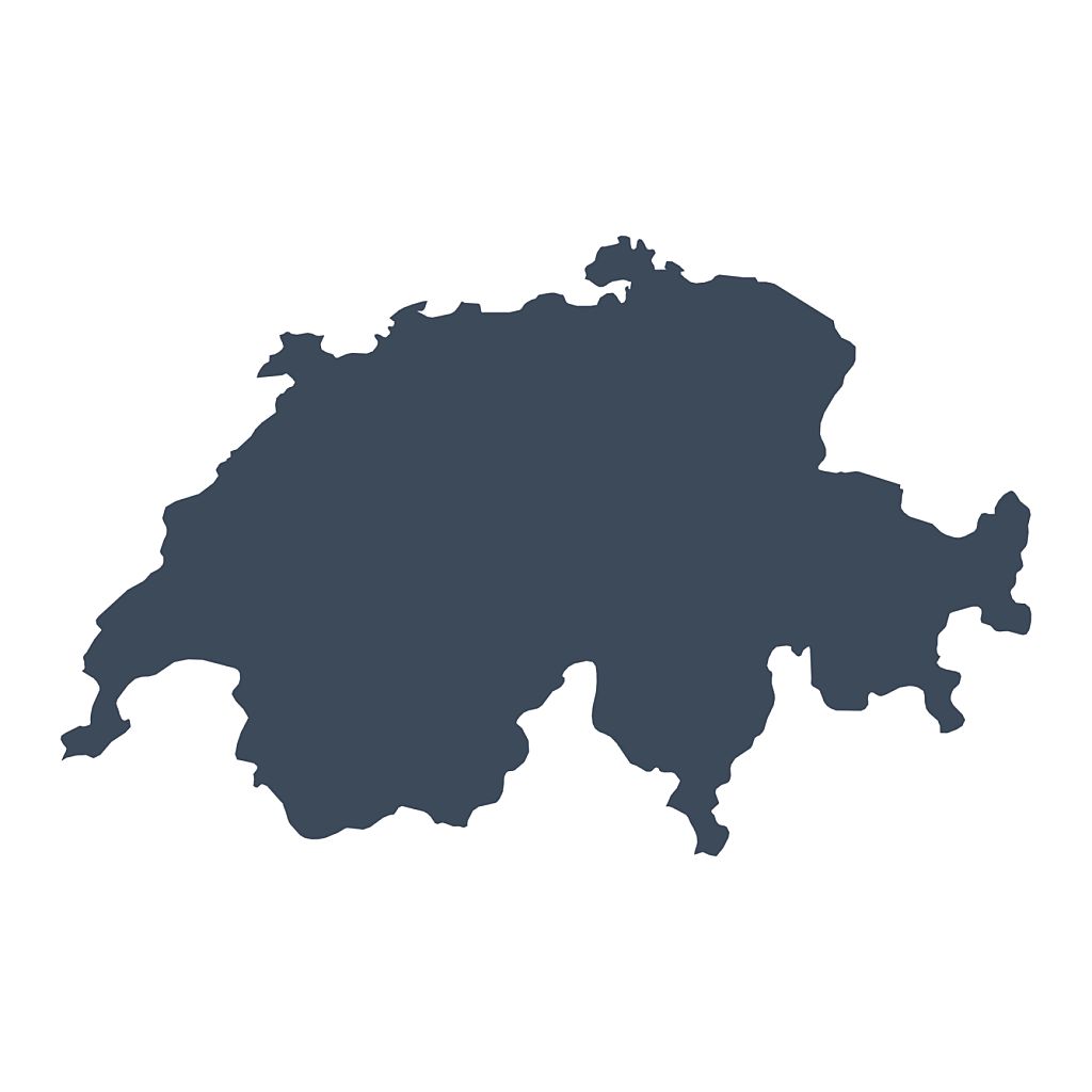 A graphic illustrated vector image showing the outline of the country Switzerland. The outline of the country is filled with a dark navy blue colour and is on a plain white background. The border of the country is a detailed path. 