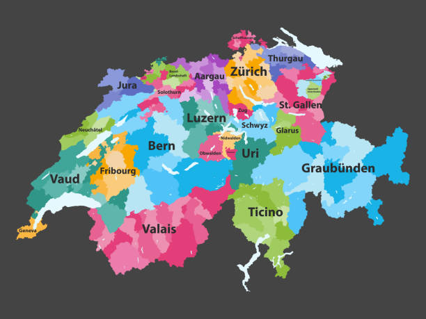 szwajcaria wektorowa mapa kolorowa przez kantony z granicami okręgów - freiburg stock illustrations