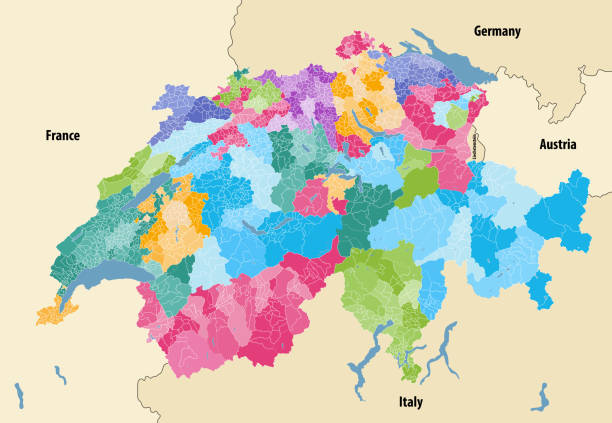 주, 지구 및 지방 경계를 보여주는 스위스 벡터지도, 주및 각 주 내부에 의해 색상이 산만합니다. 이웃 국가 및 지역으로 지도 - freiburg stock illustrations
