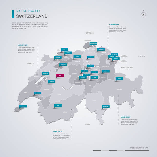 인포 그래픽 요소, 포인터 표시와 스위스 벡터 지도. - 스위스 stock illustrations