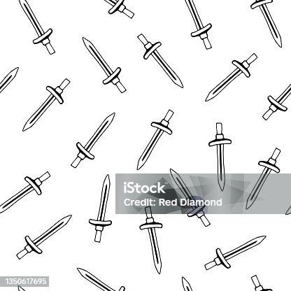 istock Sword pattern seamless. Swords doodle seamless pattern background.mystic occult. Ancient battle backdrop. Sword silhouettes. Antique backdrop. scandinavian background.Simple doodle style on white. 1350617695