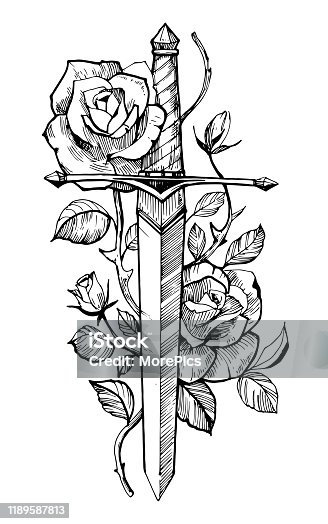 istock Sword with roses. Tattoo sketch.  Hand drawn illustration converted to vector. Isolated on white background. 1189587813