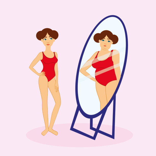 Symbol of anorexia mental disorder or psychological frustration, slim woman looking in mirror and seeing fat woman, vector illustration isolated on pink background. Concept of young woman suffering from anorexia looking in the mirror . Anorexia vector A young woman with one hand on her waist looking in the mirror. In reality, the fit and thin woman sees her image in the mirror as fat and obese. Concept of woman suffering from anorexia. Vector of pretty young woman wearing a red swimsuit with her hair up. A big blue mirror. The background is plain light pink. cartoon of fat lady in swimsuit stock illustrations