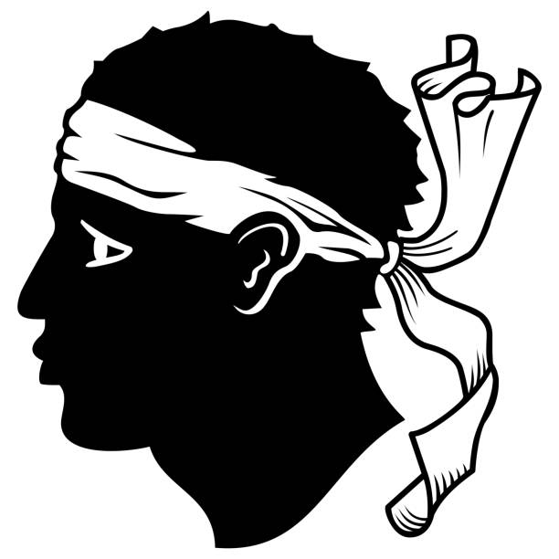 Symbol of Corsica: the Moor's head Moorish head symbol in black and white corsica stock illustrations