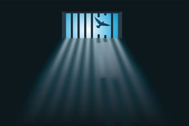 bildbanksillustrationer, clip art samt tecknat material och ikoner med symbol för frihet med en fånge som flydde genom fönstret i sin cell genom att såga barer. - prison