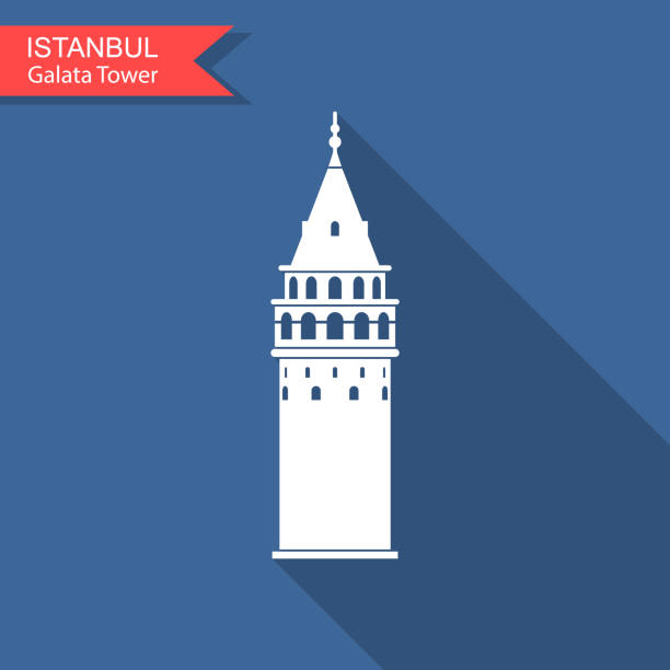 stockillustraties, clipart, cartoons en iconen met symbool van istanbul en turkije. galata tower vector platte pictogram met lange schaduw - beyoglu